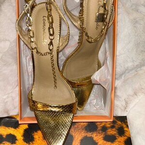 Lemonade Front Row Gold Snake Chain Stiletto Heels Size 10 Pointed Toe NEW